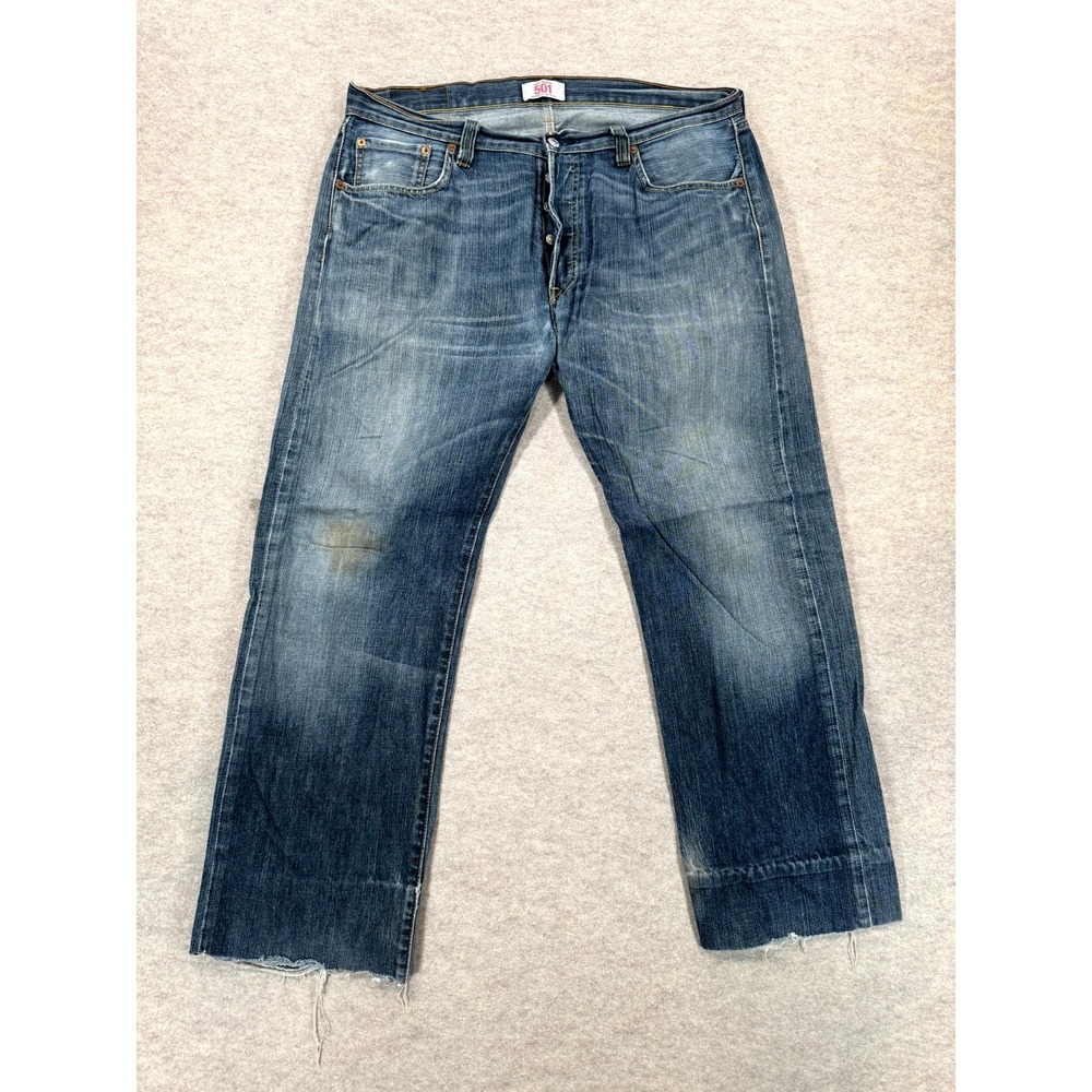 Levis 501 Jeans Mens 36x32 Blue Whisker Denim Cotton Straight Button Fly Raw Hem